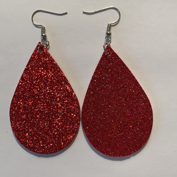 🖤Pick Any 3 for $12🖤 Faux Leather Teardrop Earrings Red Fine Sparkle - Picture 2 of 5